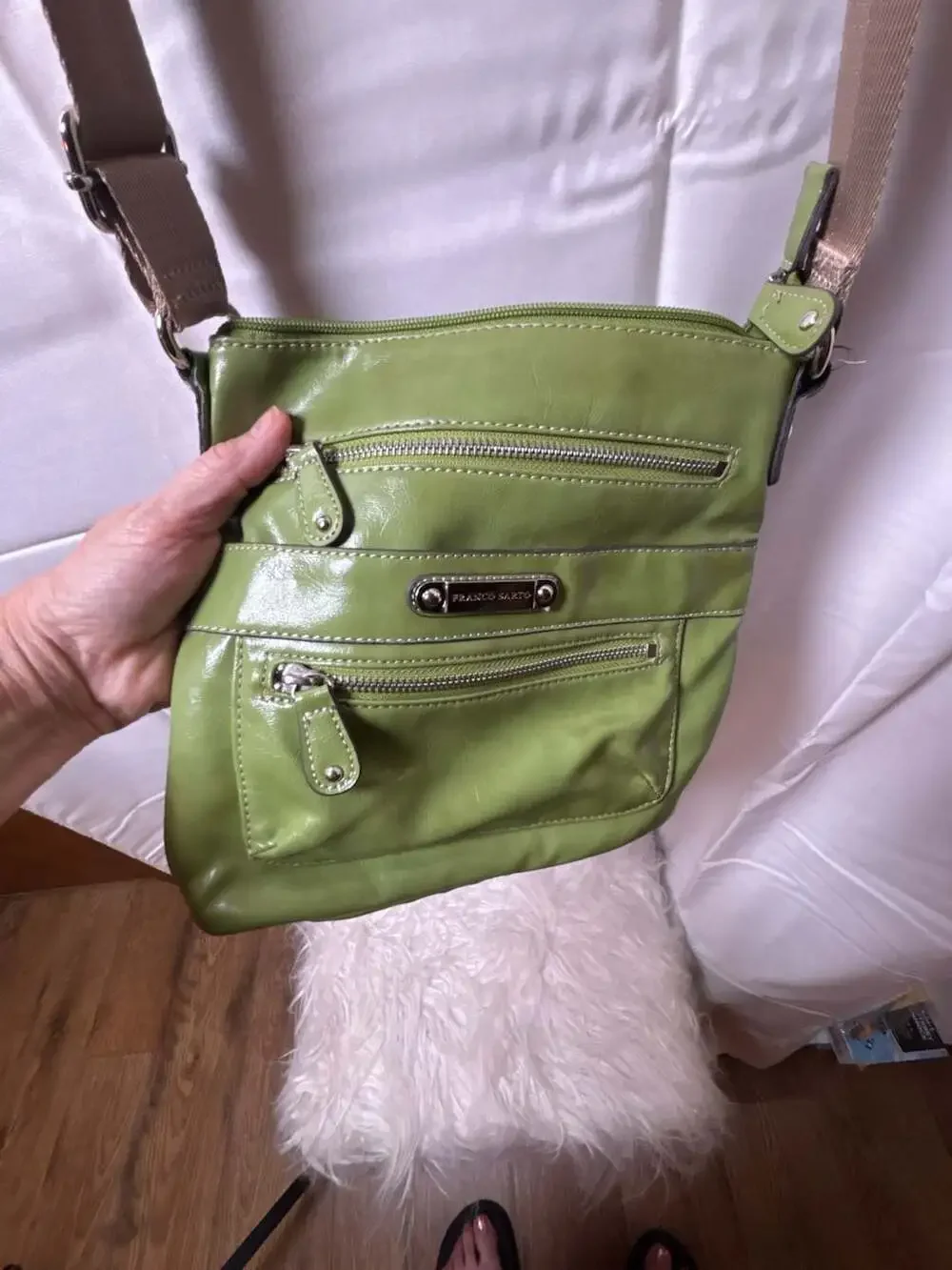 Franco Sarto Green Faux Leather Multi-Pocket Crossbody Bag with Polka Dot Interi